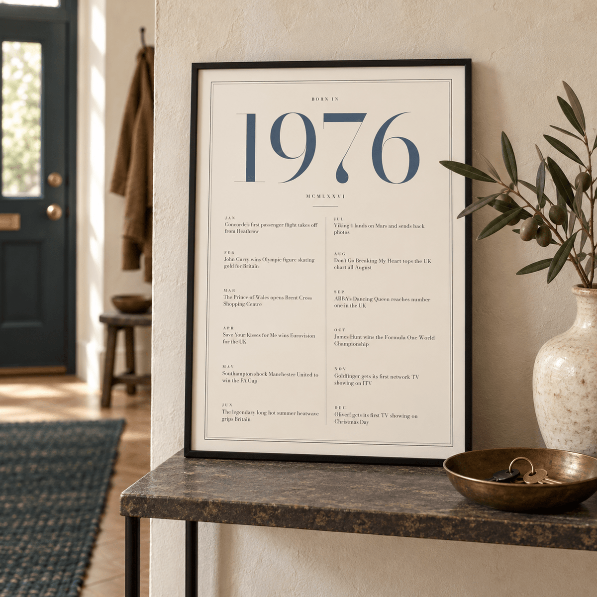 Cream and slate blue 1976 birth year print in a calm room setting