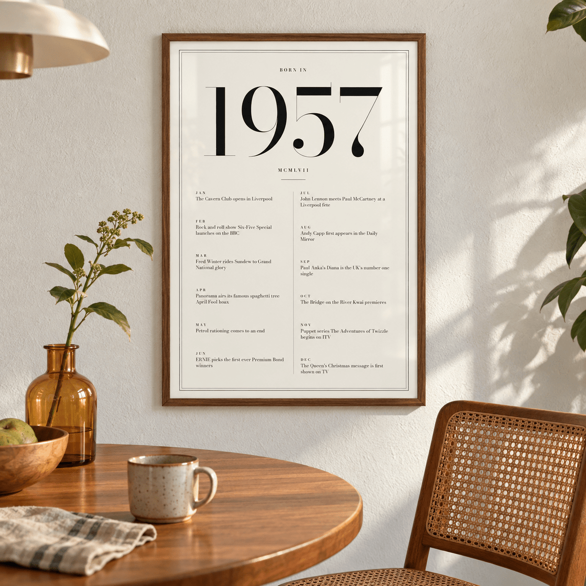 White and black 1957 birth year print in a calm room setting