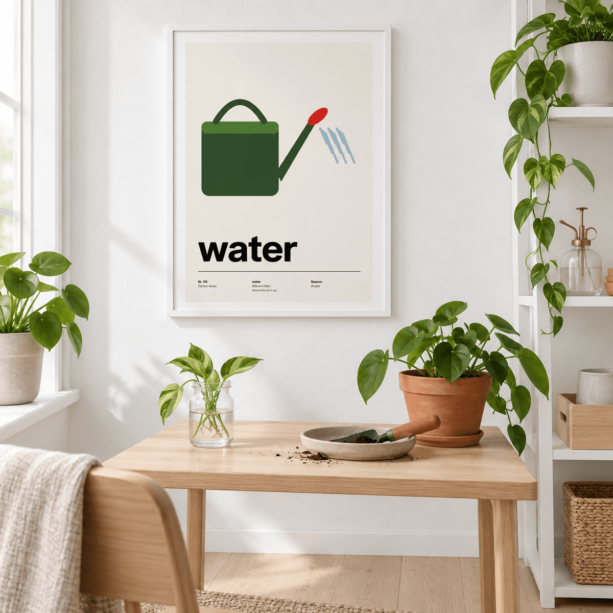 Green watering can with red rose in a light filled home studio
