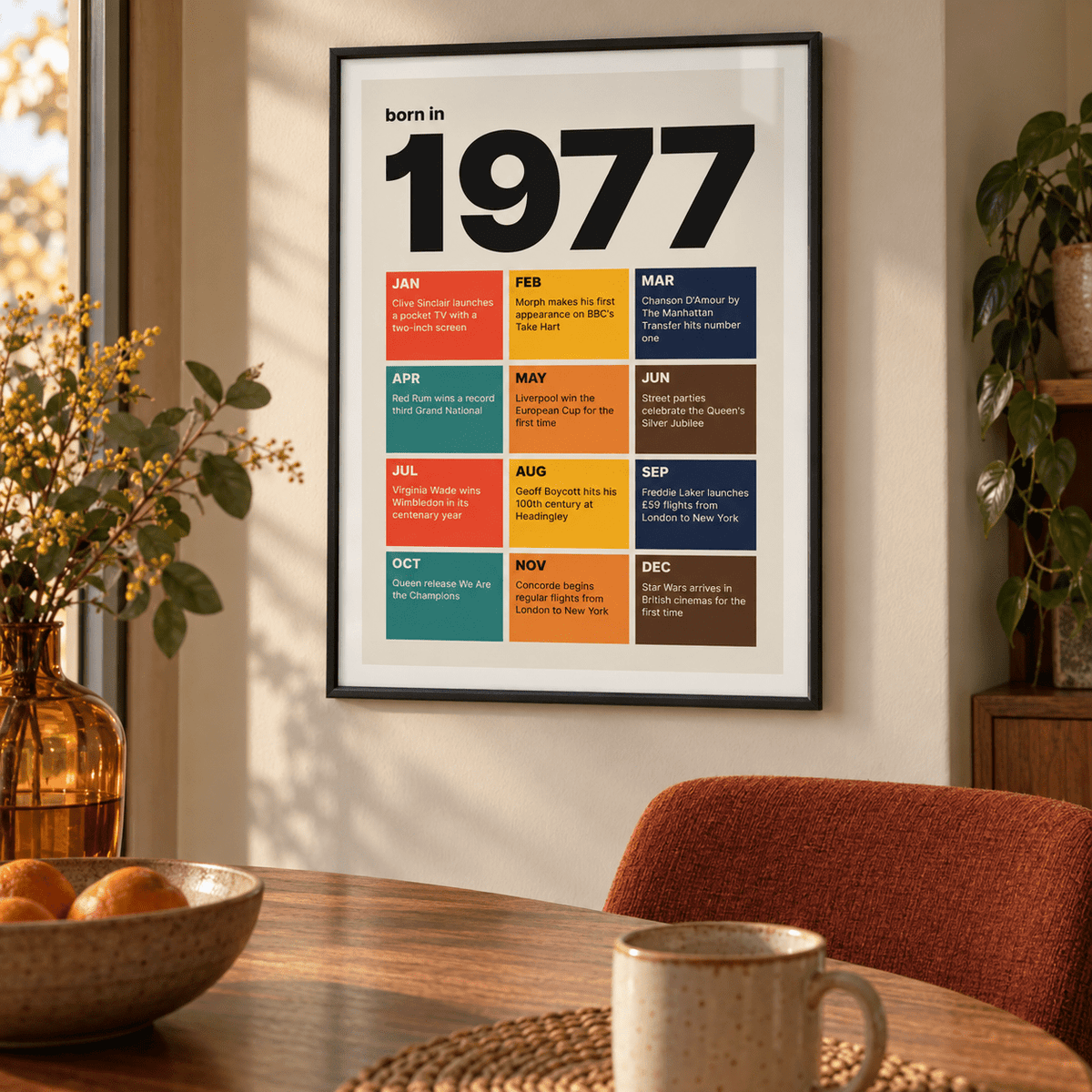 Colourful month by month print of 1977 in a calm room setting