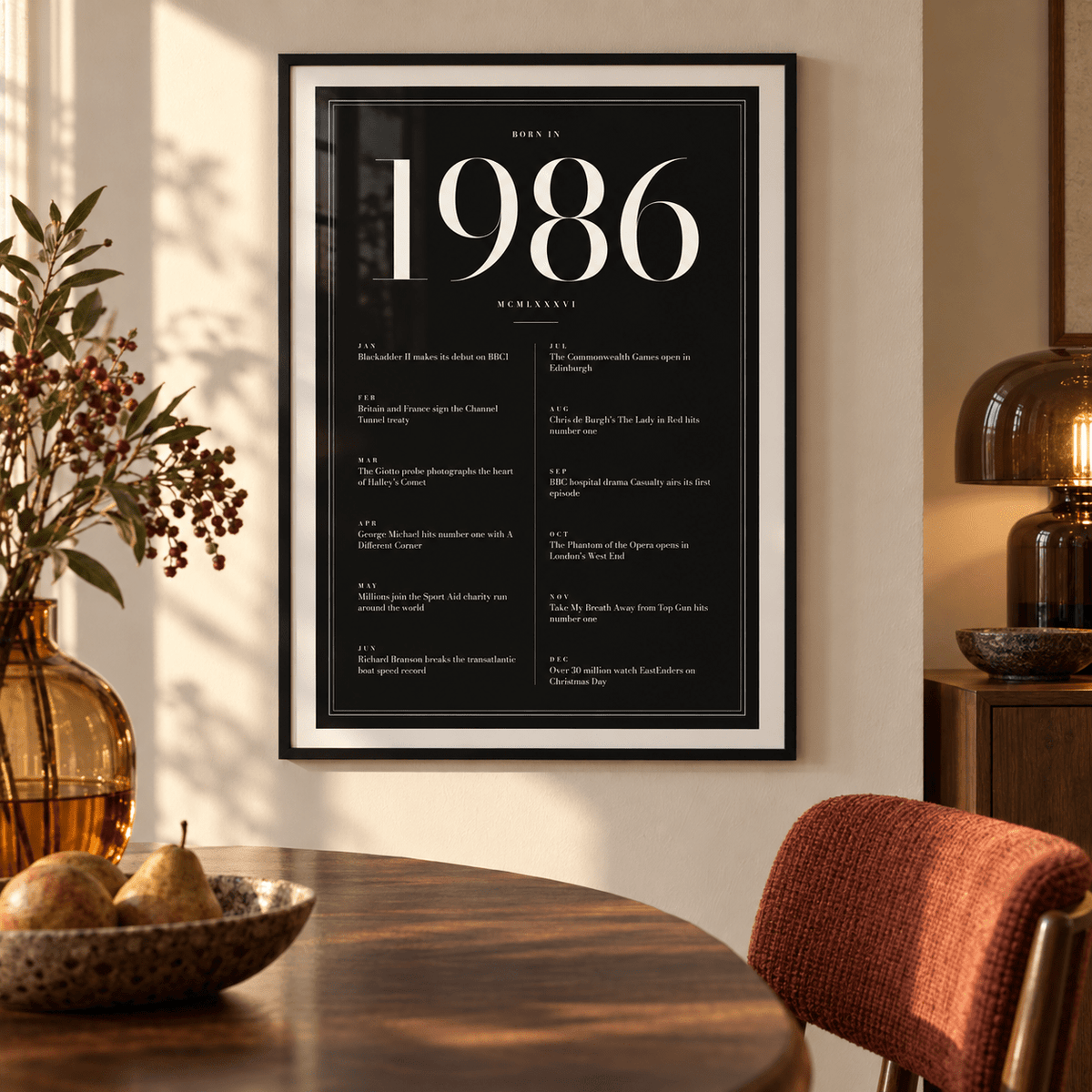 Black and ivory 1986 birth year print in a calm room setting