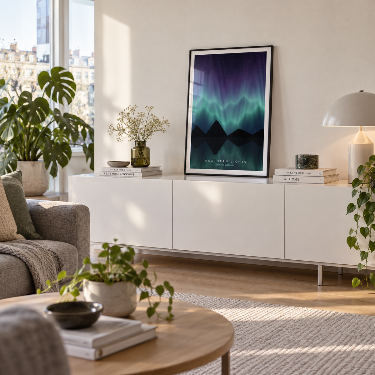 Northern lights lake reflection print on a mantelpiece