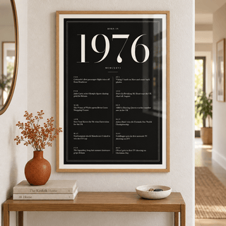 Black and ivory 1976 birth year print in a calm room setting