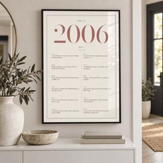 Cream and dusty rose 2006 birth year print in a calm room setting