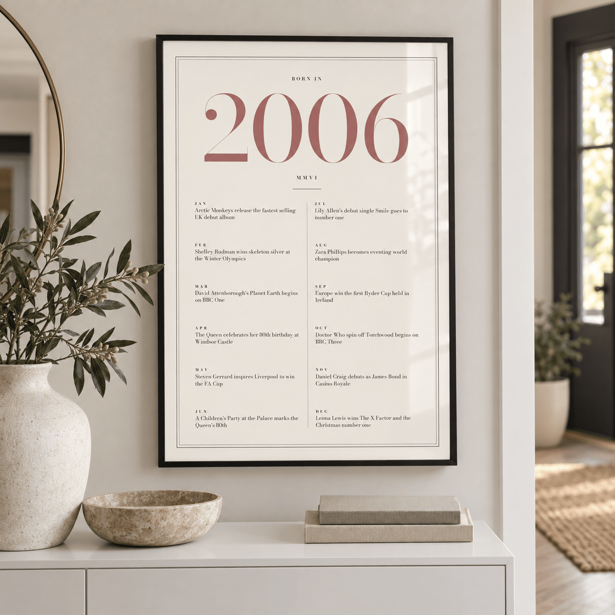 Cream and dusty rose 2006 birth year print in a calm room setting