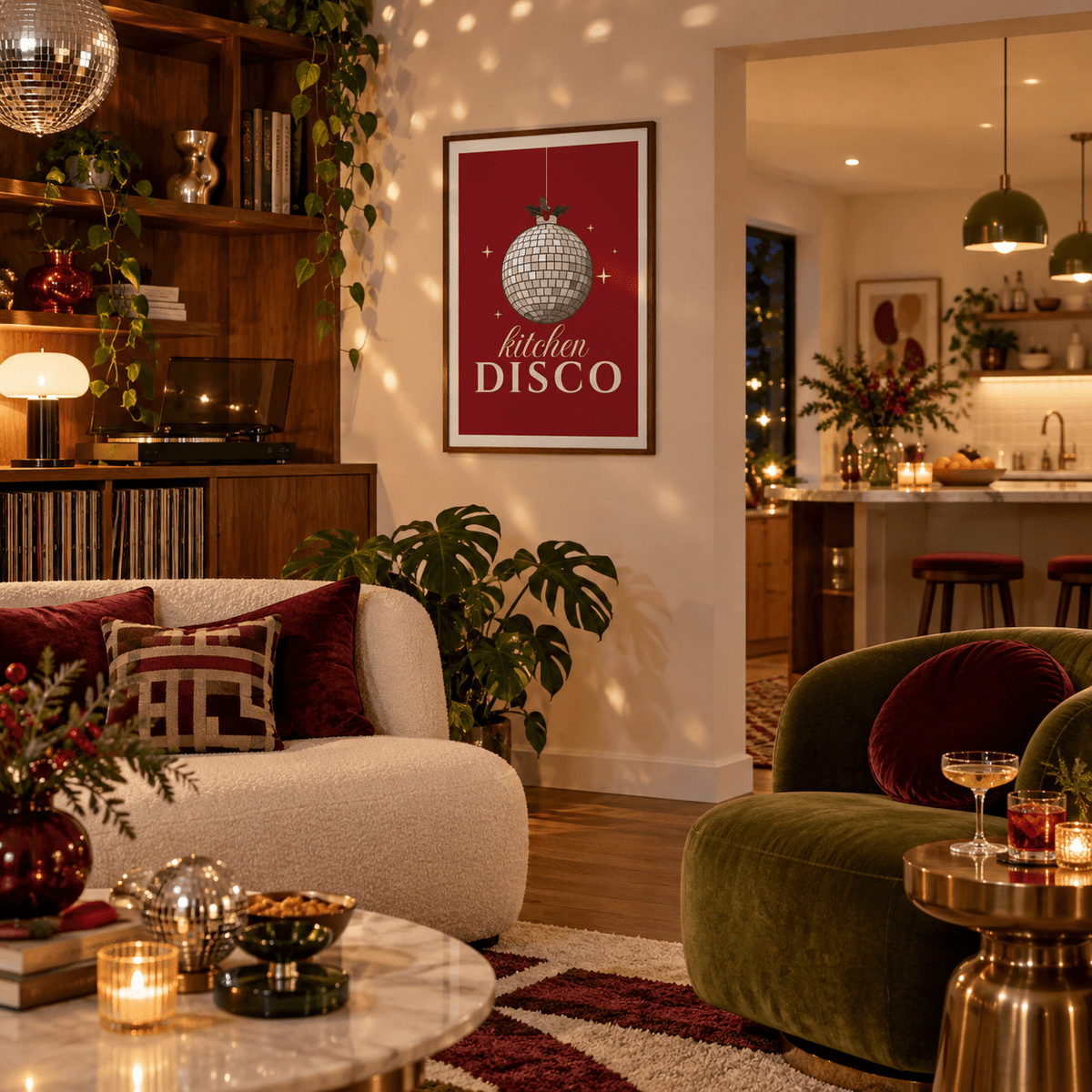 Mirror ball kitchen party print in an open plan living room at Christmas