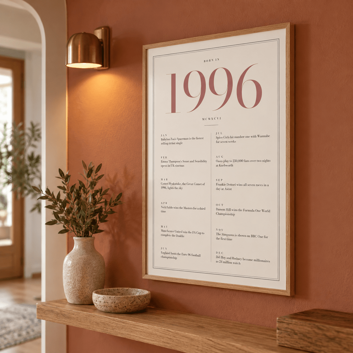 Cream and dusty rose 1996 birth year print in a calm room setting