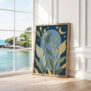 Garden leaves under a crescent moon leaning by a bright window with a sea view