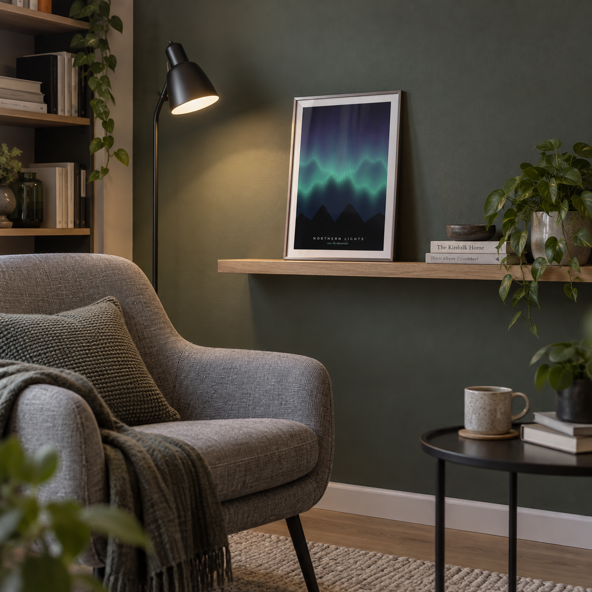 Northern lights mountain silhouette print on a shelf against a sage wall