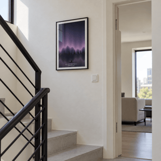 Purple northern lights forest lake print in a stair landing