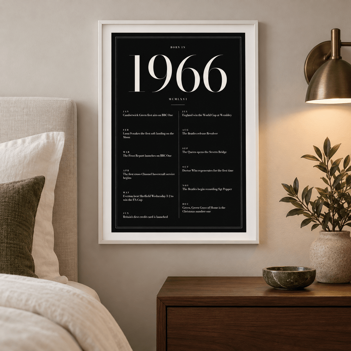 Black and ivory 1966 birth year print in a calm room setting