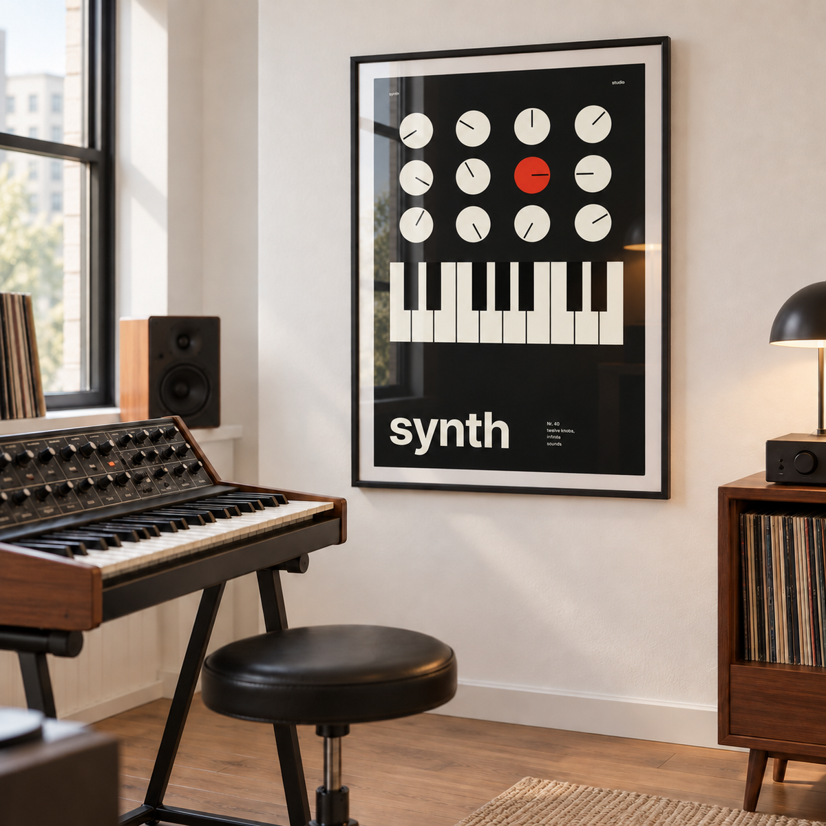 Black synth with one red knob print in a music practice corner