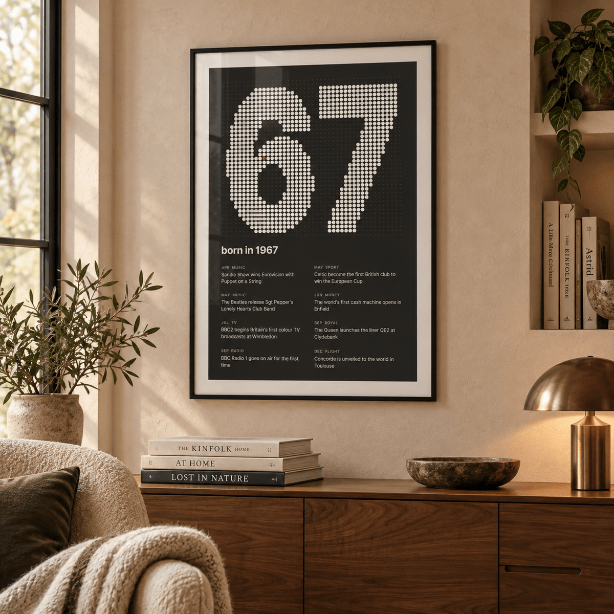 Charcoal halftone print of the year 1967 in a calm room setting