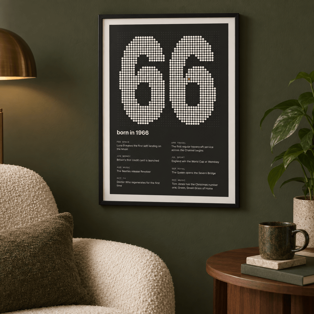 Charcoal halftone print of the year 1966 in a calm room setting