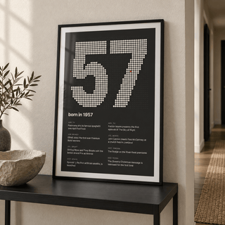 Charcoal halftone print of the year 1957 in a calm room setting