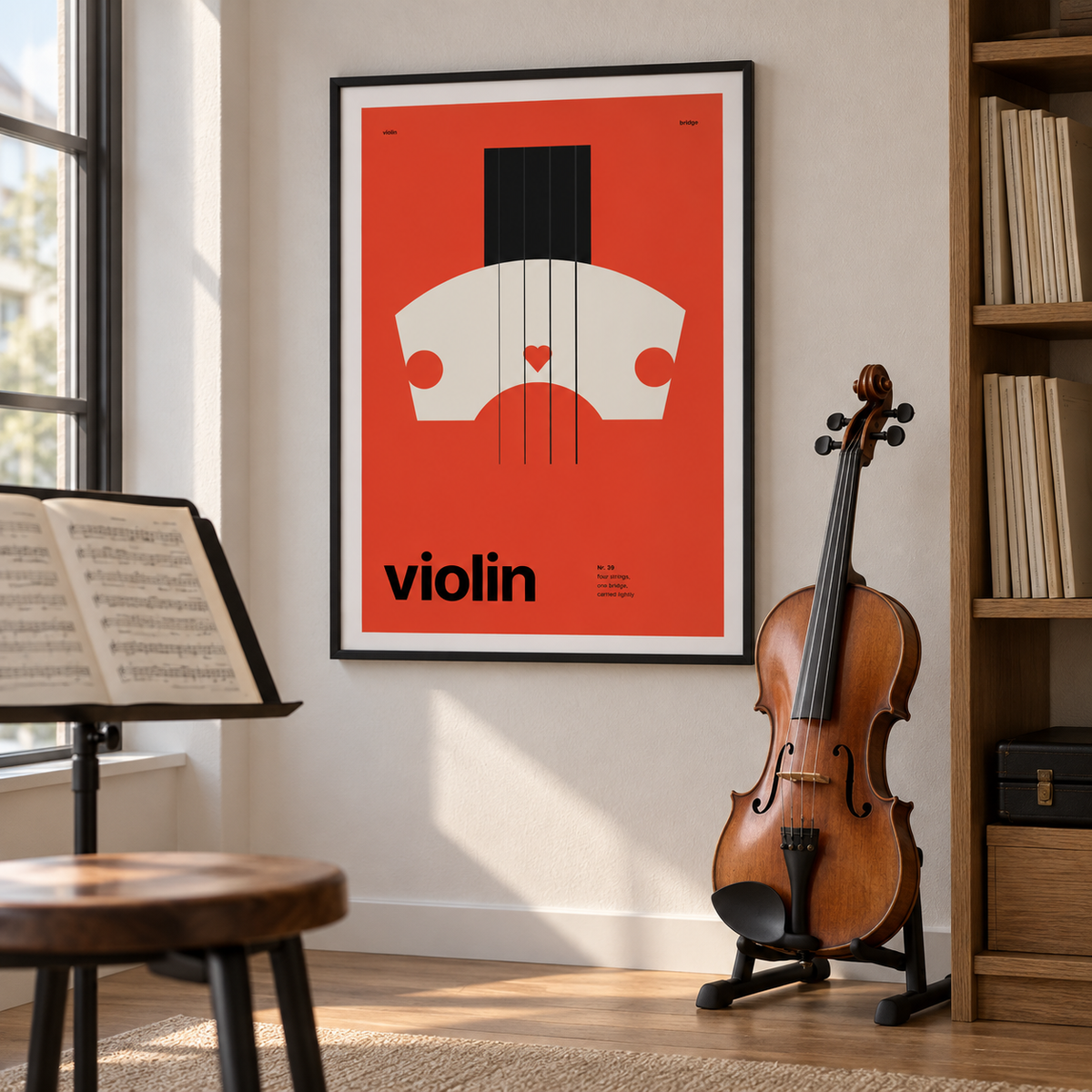 Cream violin bridge on red print in a music practice corner