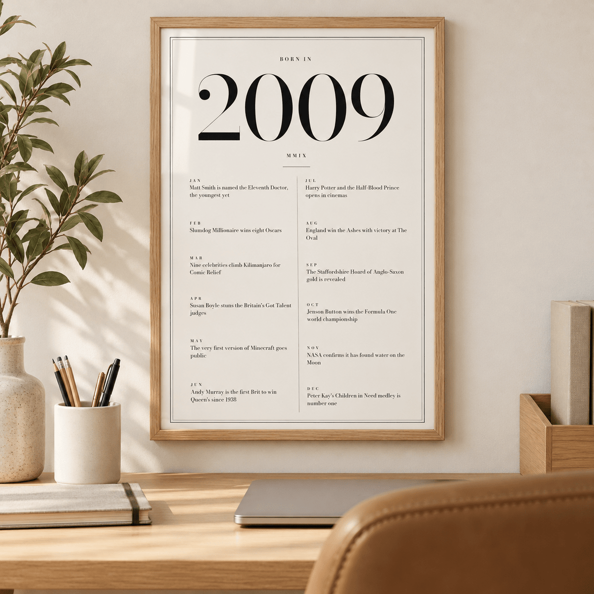 White and black 2009 birth year print in a calm room setting