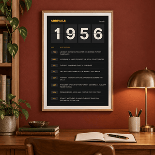 Arrivals board print with 1956 on flap tiles in a calm room setting
