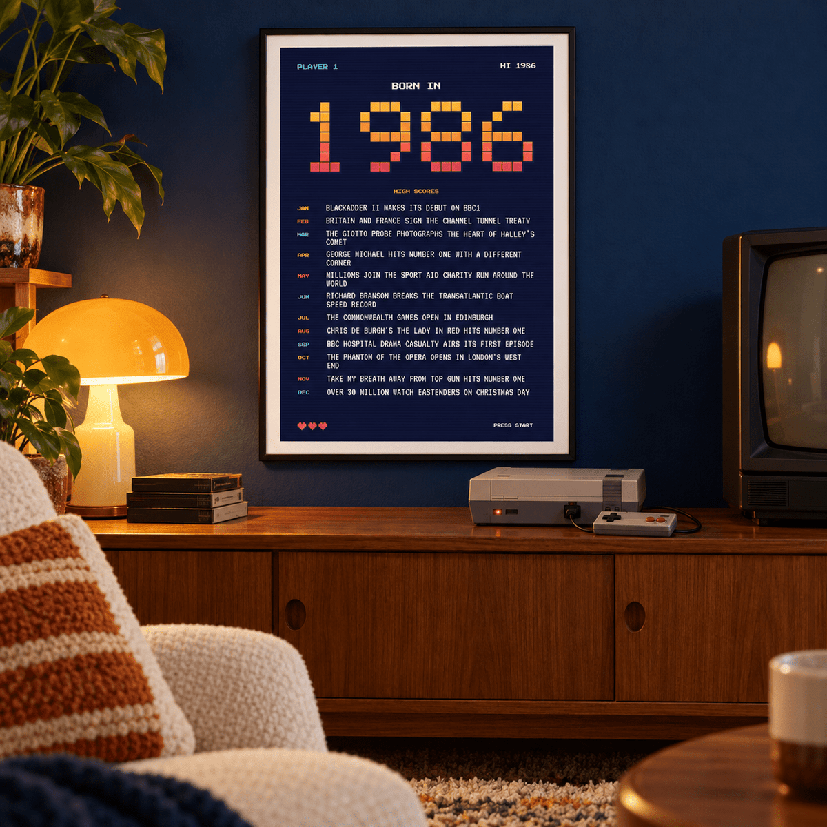 Eight bit 1986 high score print in a calm room setting