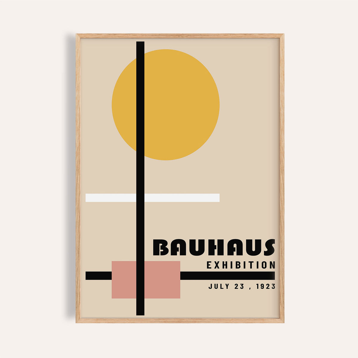 Office prints Bauhaus style abstract geometric shapes with yellow circle and typographic text