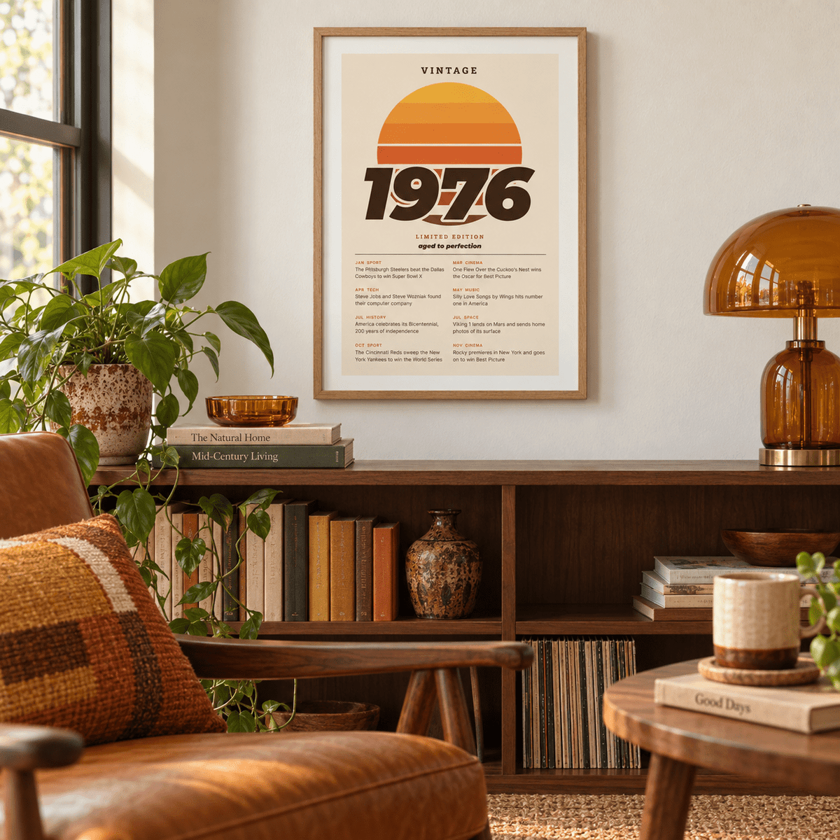 Retro sunset print with 1976 in italic lettering in a calm room setting