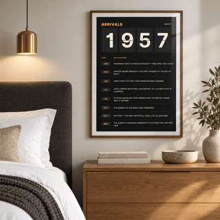 Arrivals board print with 1957 on flap tiles in a calm room setting