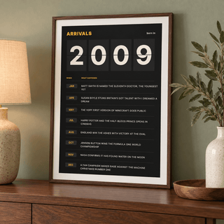 Arrivals board print with 2009 on flap tiles in a calm room setting