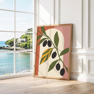 Curving branch across a cream arch leaning by a bright window with a sea view