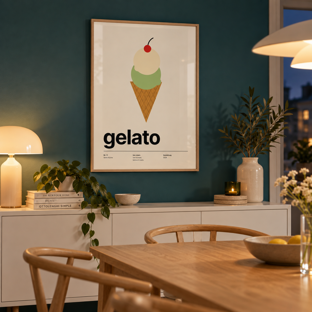 Pistachio and vanilla ice cream cone print in a dining room against a teal wall