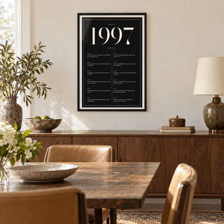 Black and ivory 1997 birth year print in a calm room setting
