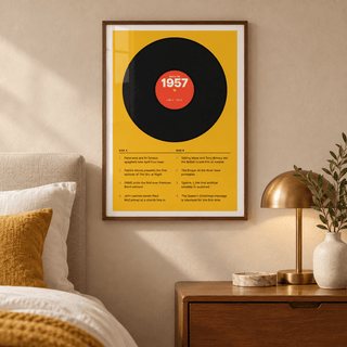Black vinyl record print with a 1957 label in a calm room setting
