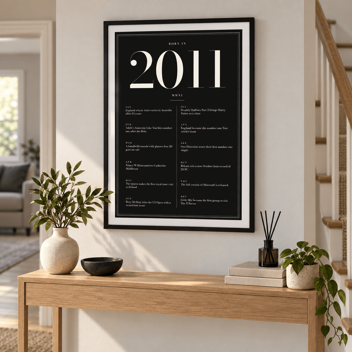 Black and ivory 2011 birth year print in a calm room setting