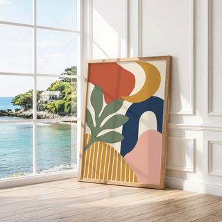 Cut paper print with a navy arch leaning by a bright window with a sea view