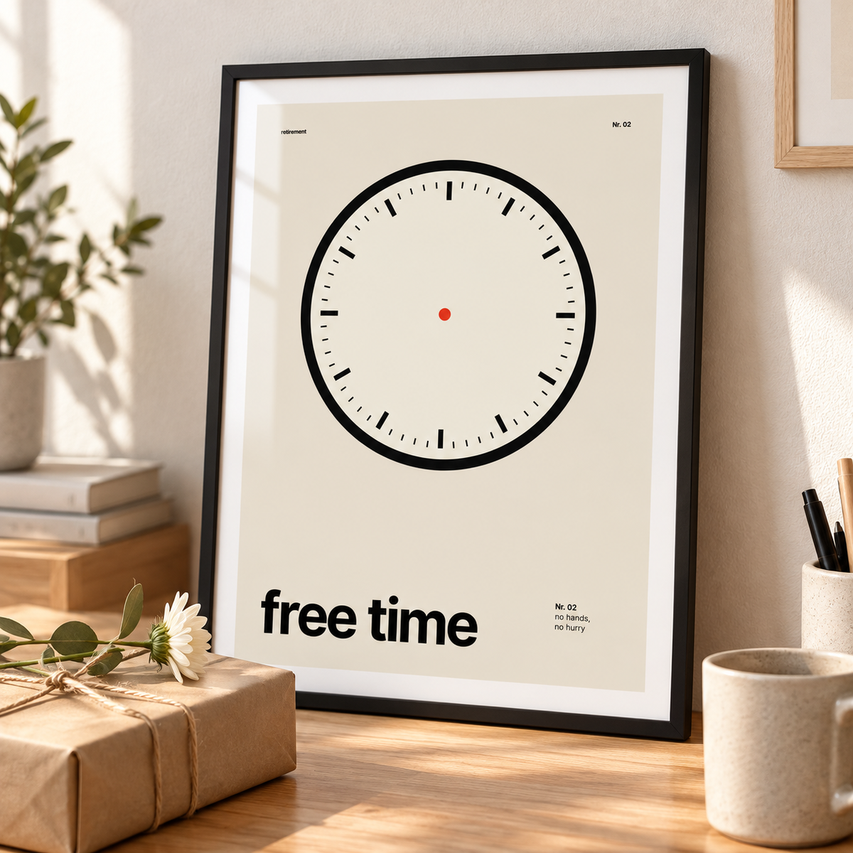 Swiss style clock retirement print on a desk ready to give as a gift