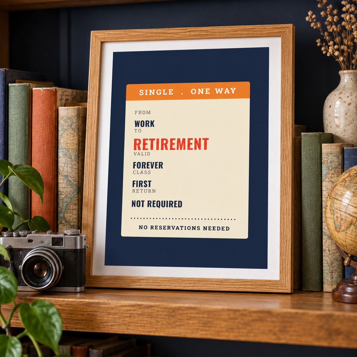 Single ticket from work to retirement print on a shelf beside travel souvenirs