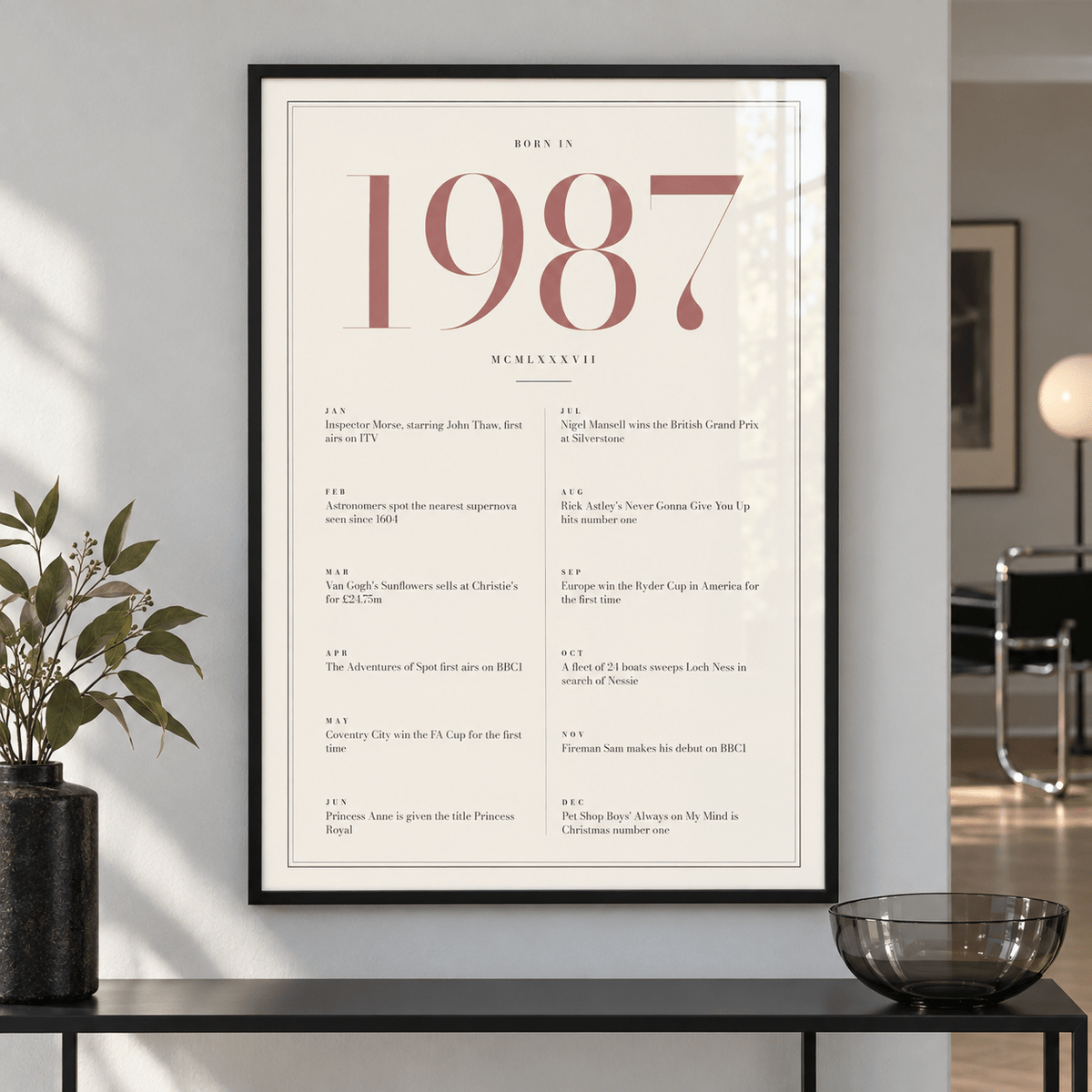 Cream and dusty rose 1987 birth year print in a calm room setting