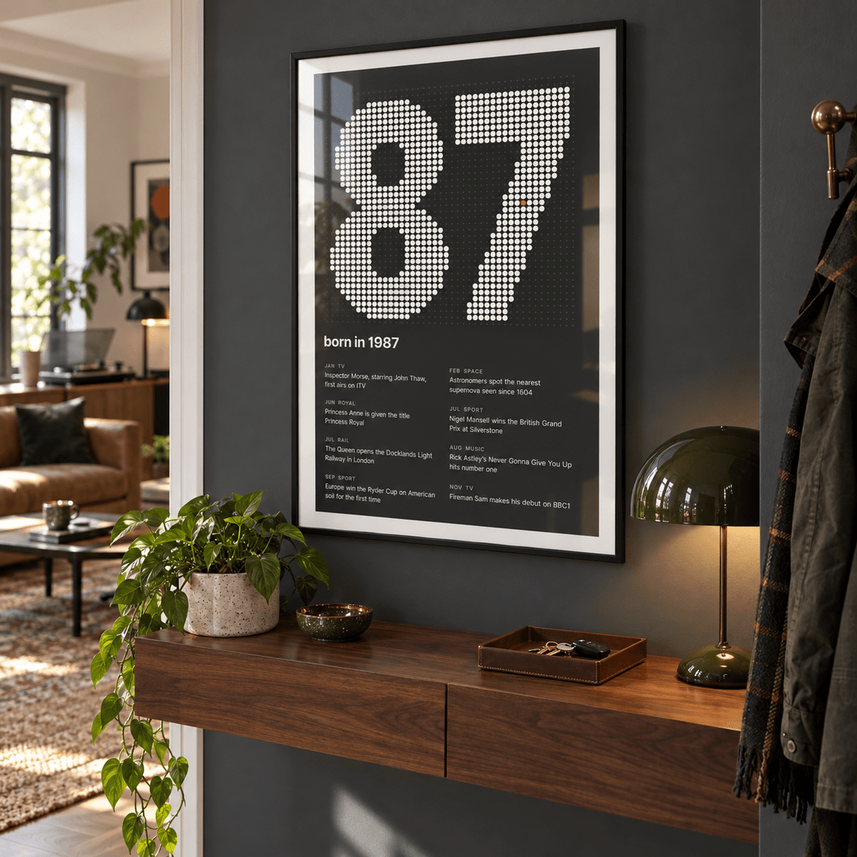 Charcoal halftone print of the year 1987 in a calm room setting