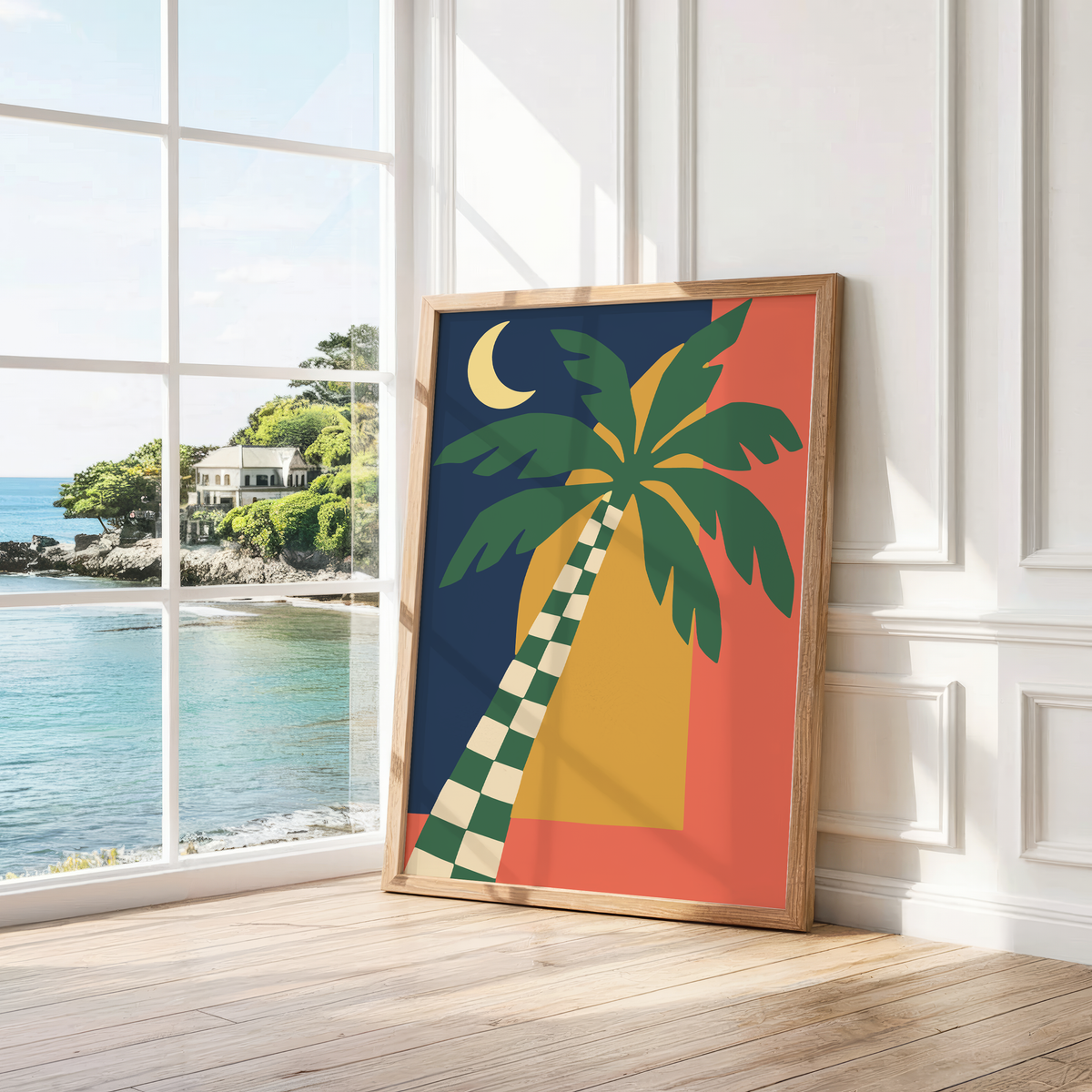 Green palm fronds against a navy sky leaning by a bright window with a sea view