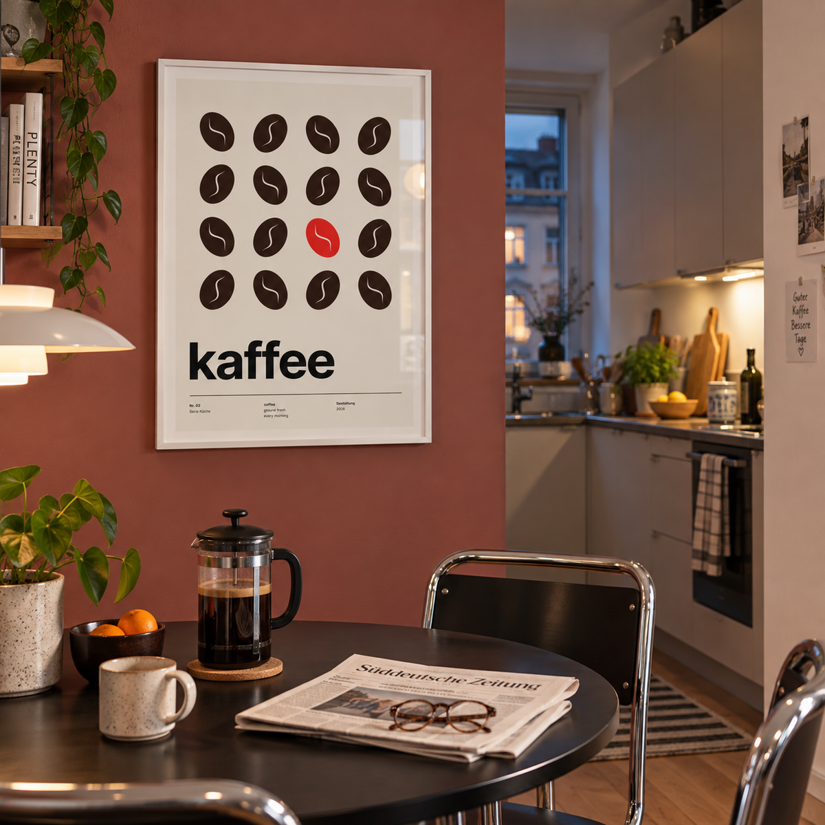 Swiss style coffee bean print in a dusty dining against a red wall