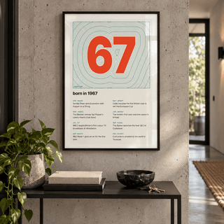 Teal contour line print with a vermilion 1967 in a calm room setting