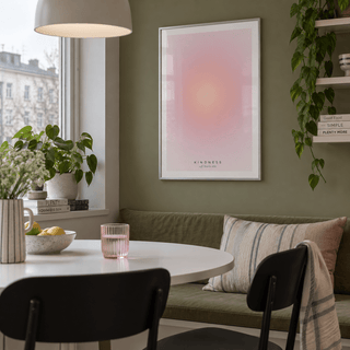 Soft peach and pink halo print in a kitchen dining against an olive wall