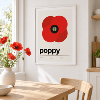 Single summer poppy from above above a dining table with fresh red poppies