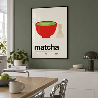 Matcha bowl and bamboo whisk print above a sideboard in a dining against a sage wall