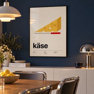 Emmental wedge with red knife print above a sideboard in a dining against a navy wall
