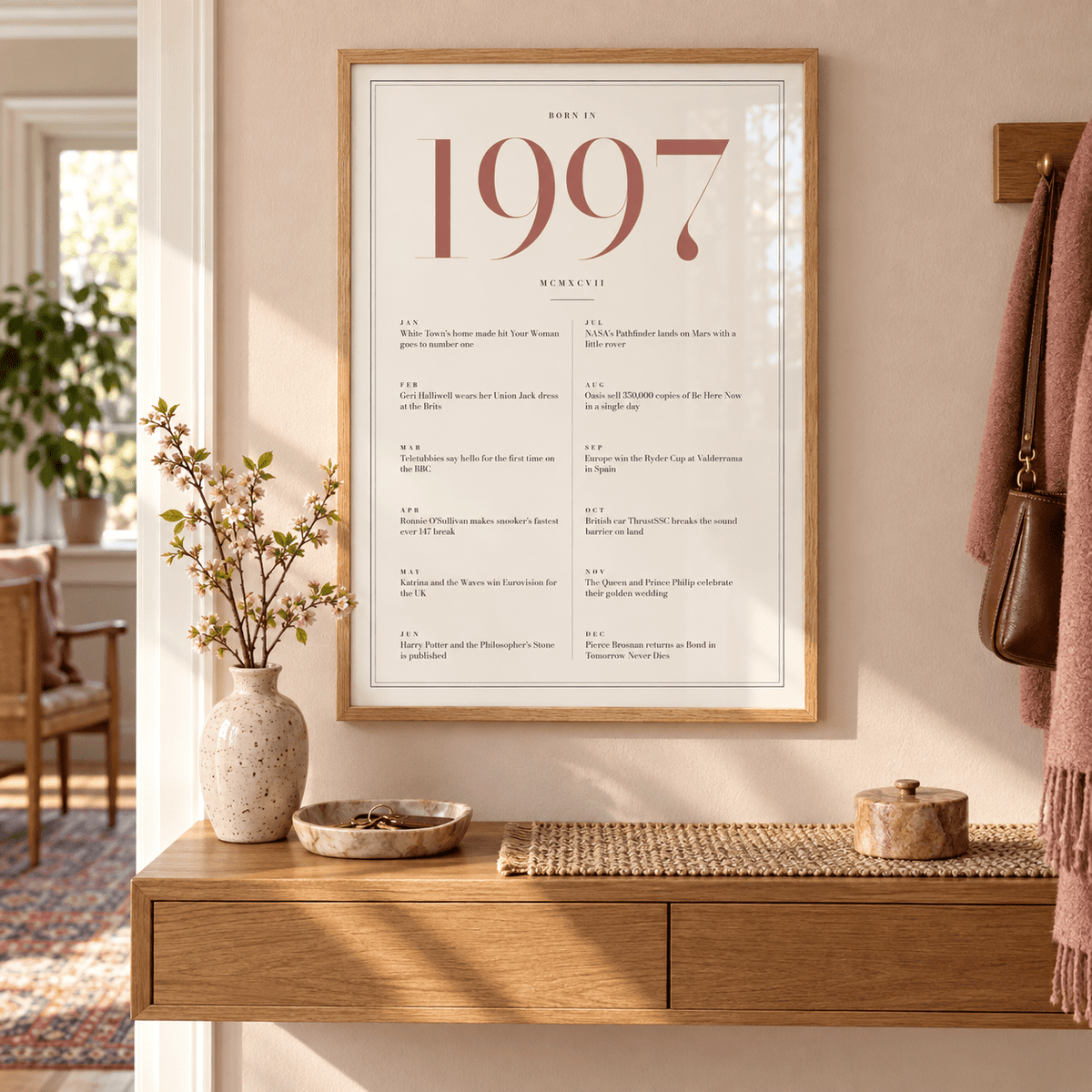 Cream and dusty rose 1997 birth year print in a calm room setting