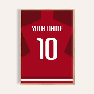 Football Shirt Poster in Red with Dark Red Sleeves framed close-up of minimalist red shirt with white number and stripes