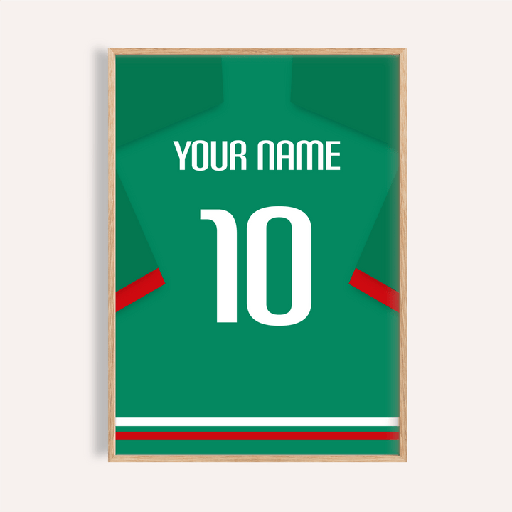 Framed print close-up of a green football shirt poster with red sleeve stripe and white number 10