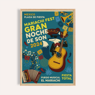 Framed Mexican Fiesta Art Print with a fox mariachi guitarist in folk-art style and bright colours