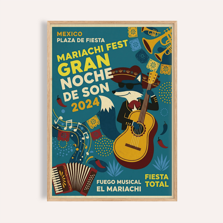 Framed Mexican Fiesta Art Print with a fox mariachi guitarist in folk-art style and bright colours