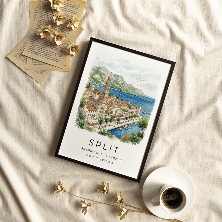 Framed Split Dalmatia art print of a harbour with palm trees on a cream surface with coffee and dried flowers